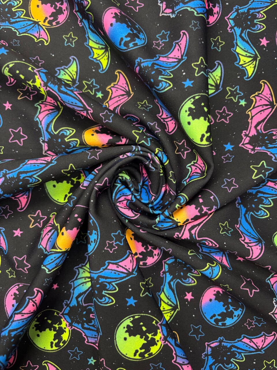 1 Yard Rainbow Bats Blacklight Reactive Spandex Fabric Four Way Stretch for Swimwear and Costumes 58"/60" Width